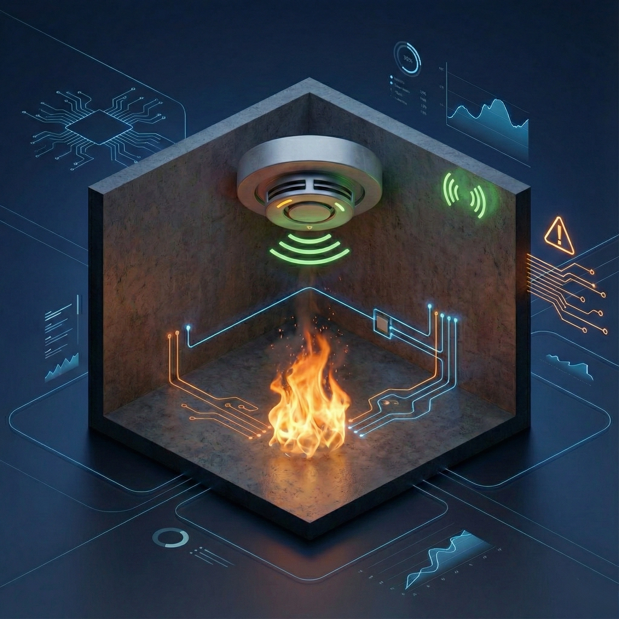 3D illustration of a smart smoke detector mounted in a corner detecting a fire below, with digital circuit and alert icons surrounding it.