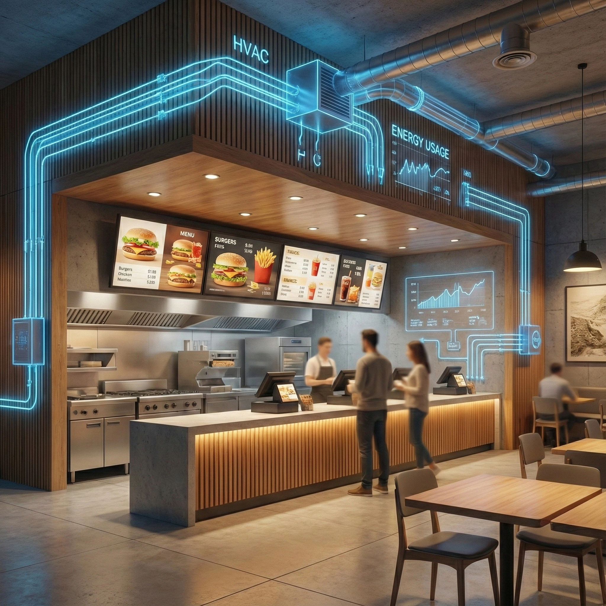 Modern fast-food restaurant counter with digital menu boards and holographic HVAC and energy usage graphics displayed above.