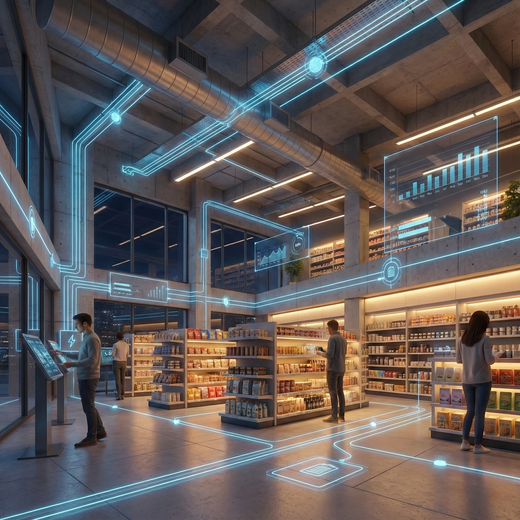 Modern retail store with illuminated shelves and customers using digital touchscreens, featuring holographic data overlays.