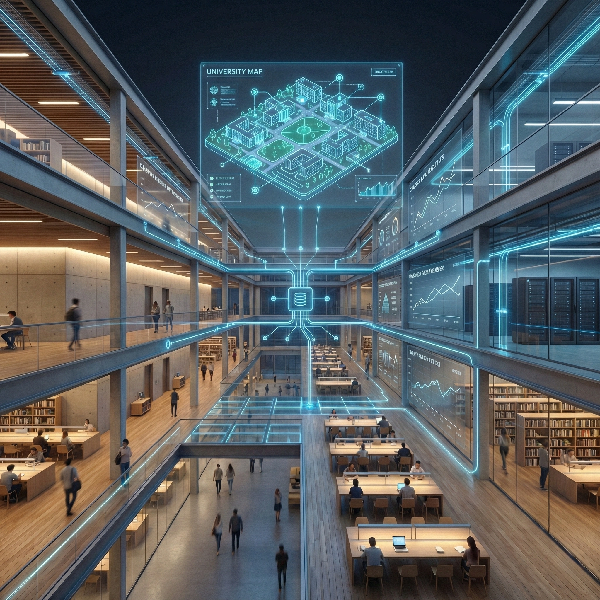 Modern multi-level university library with students studying and digital holographic interface displaying a university map and data charts overlay.