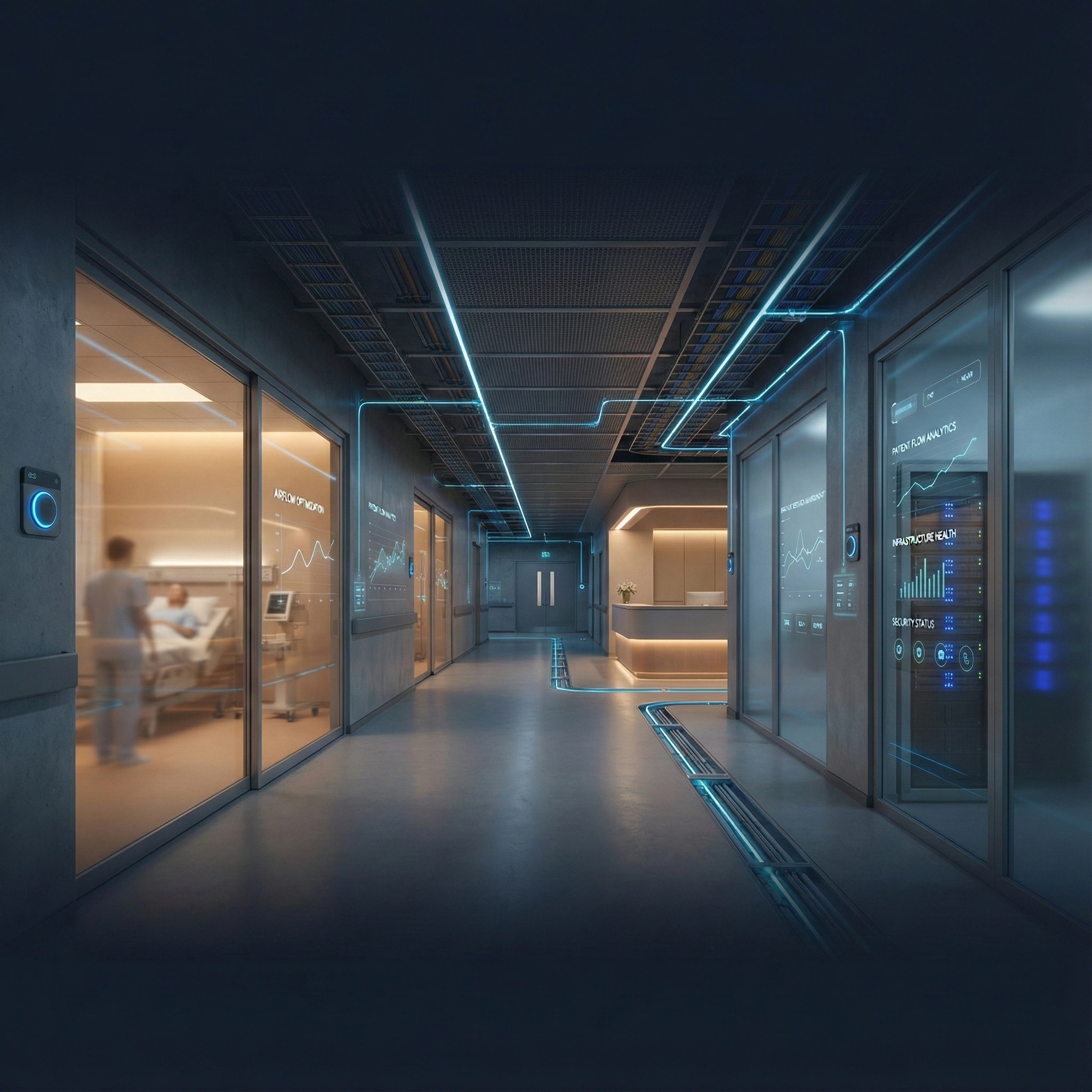 Futuristic hospital corridor with glass patient rooms, digital healthcare analytics displays, and blue neon lighting along ceiling and floor.