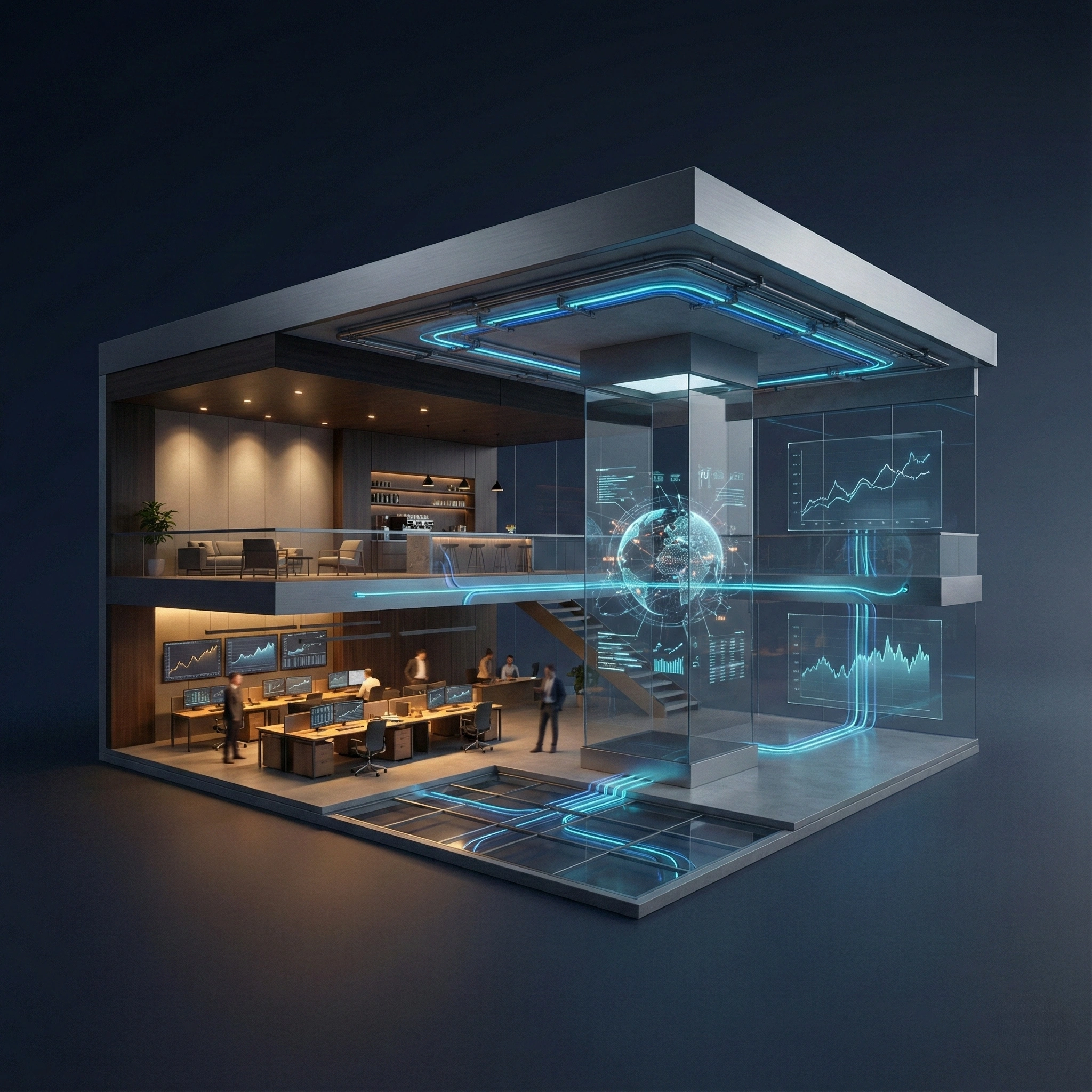 Futuristic two-story office with digital data projections, employees working at desks, and a modern lounge area.