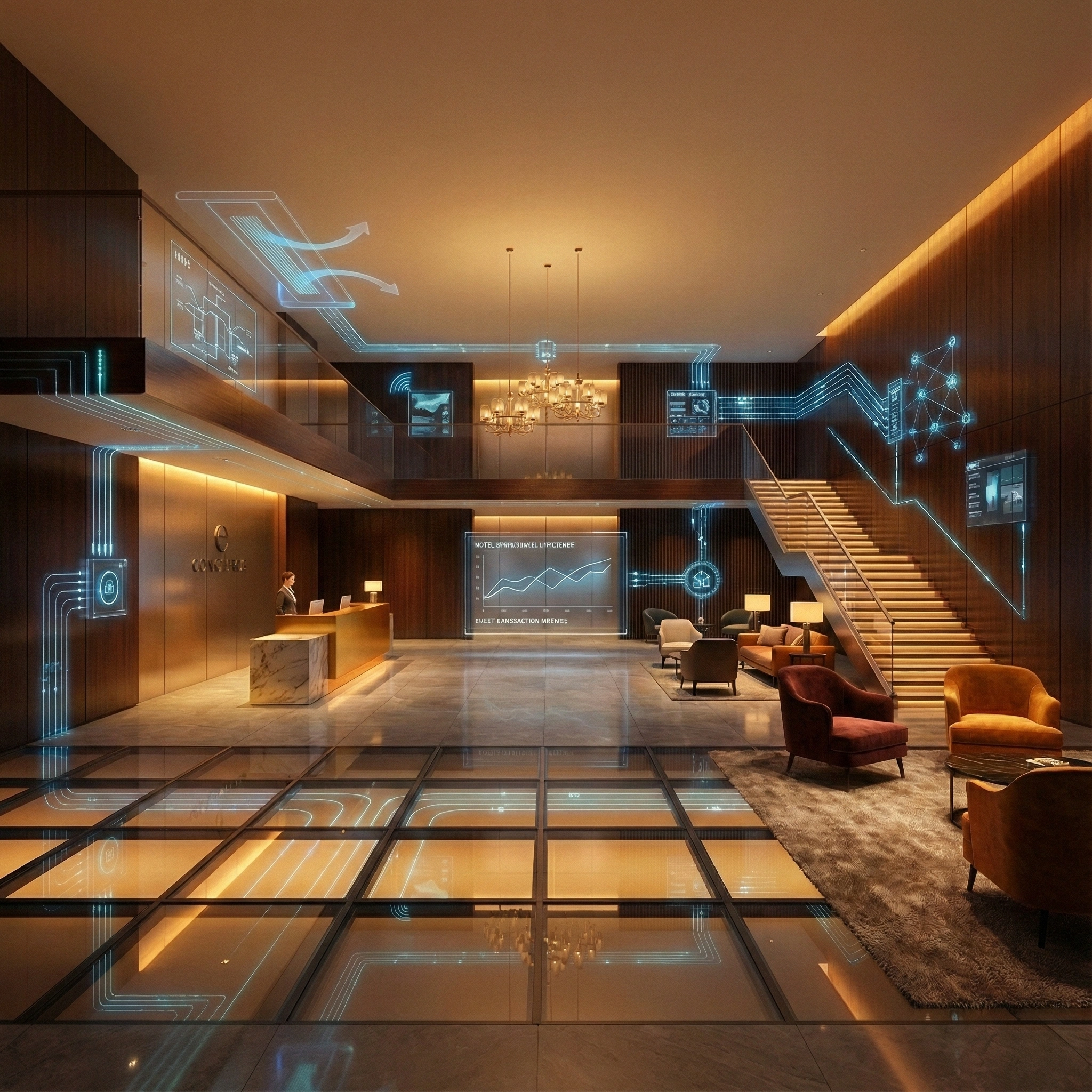 Modern hotel lobby with marble floors, wooden walls, seating area, staircase, and holographic digital interface overlays.