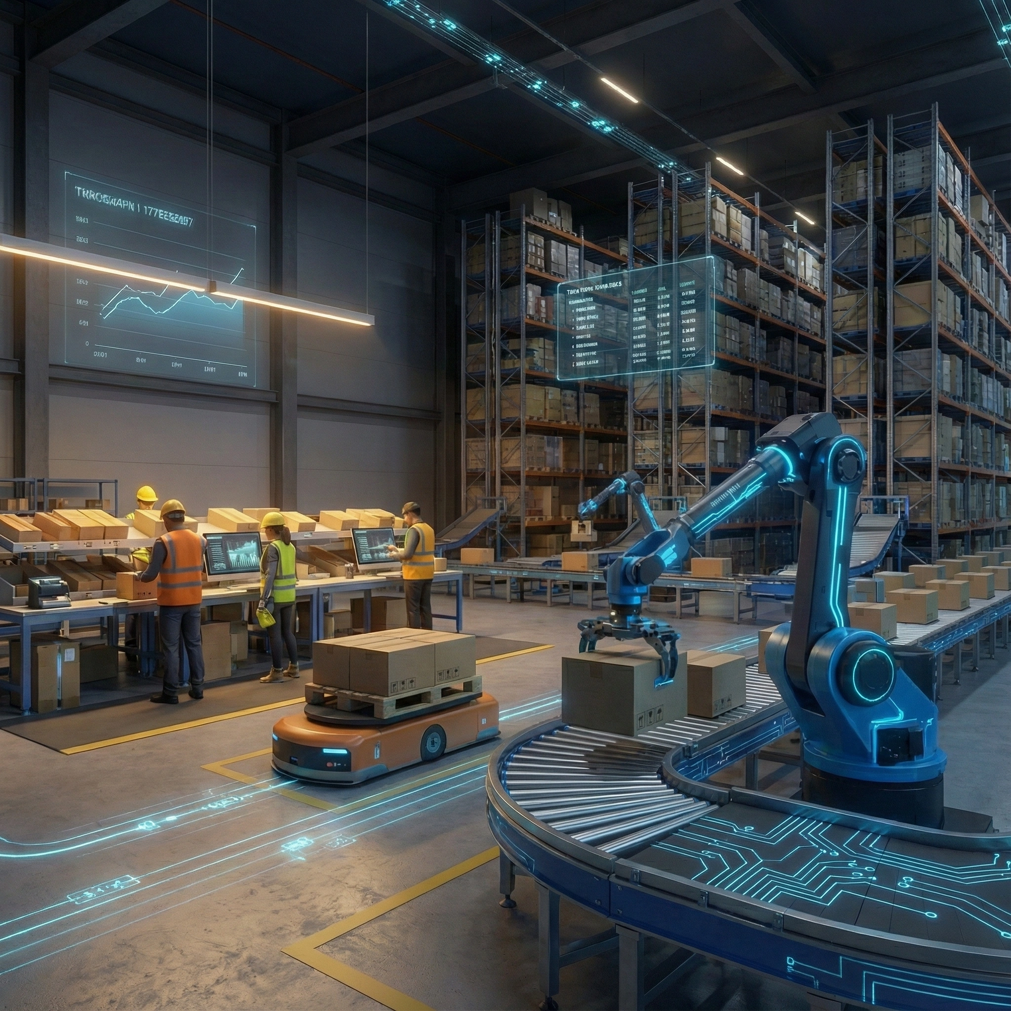 Automated warehouse with robotic arms and workers in safety gear managing packages on conveyor belts and digital data displays.