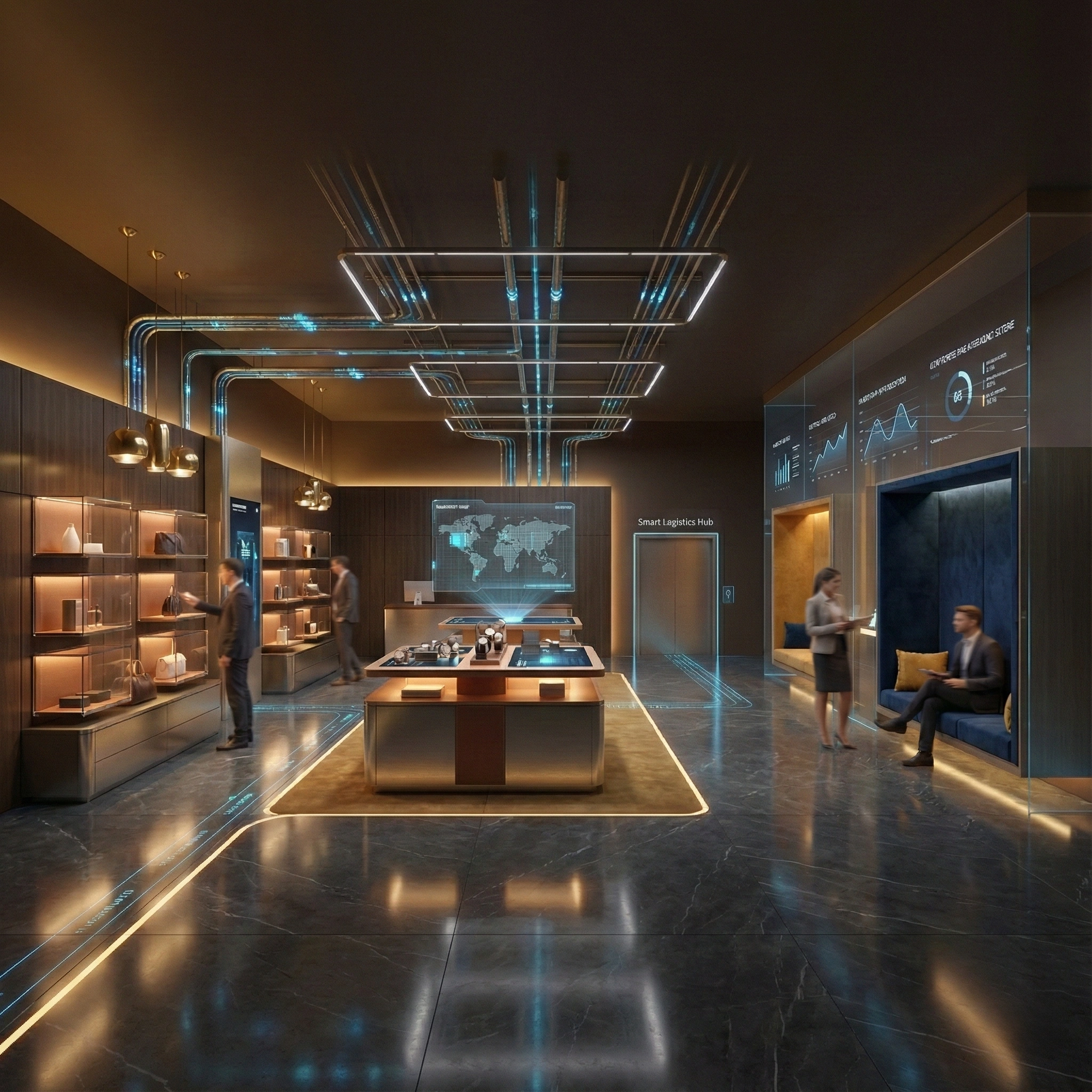 Modern smart logistics hub with digital displays, interactive shelves, and people engaging with technology in a sleek interior.