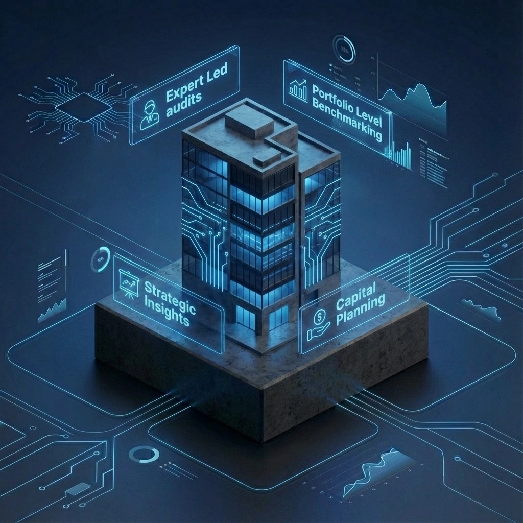 3D futuristic building model with glowing blue circuit patterns and floating labels reading Expert Led audits, Portfolio Level Benchmarking, Strategic Insights, and Capital Planning.
