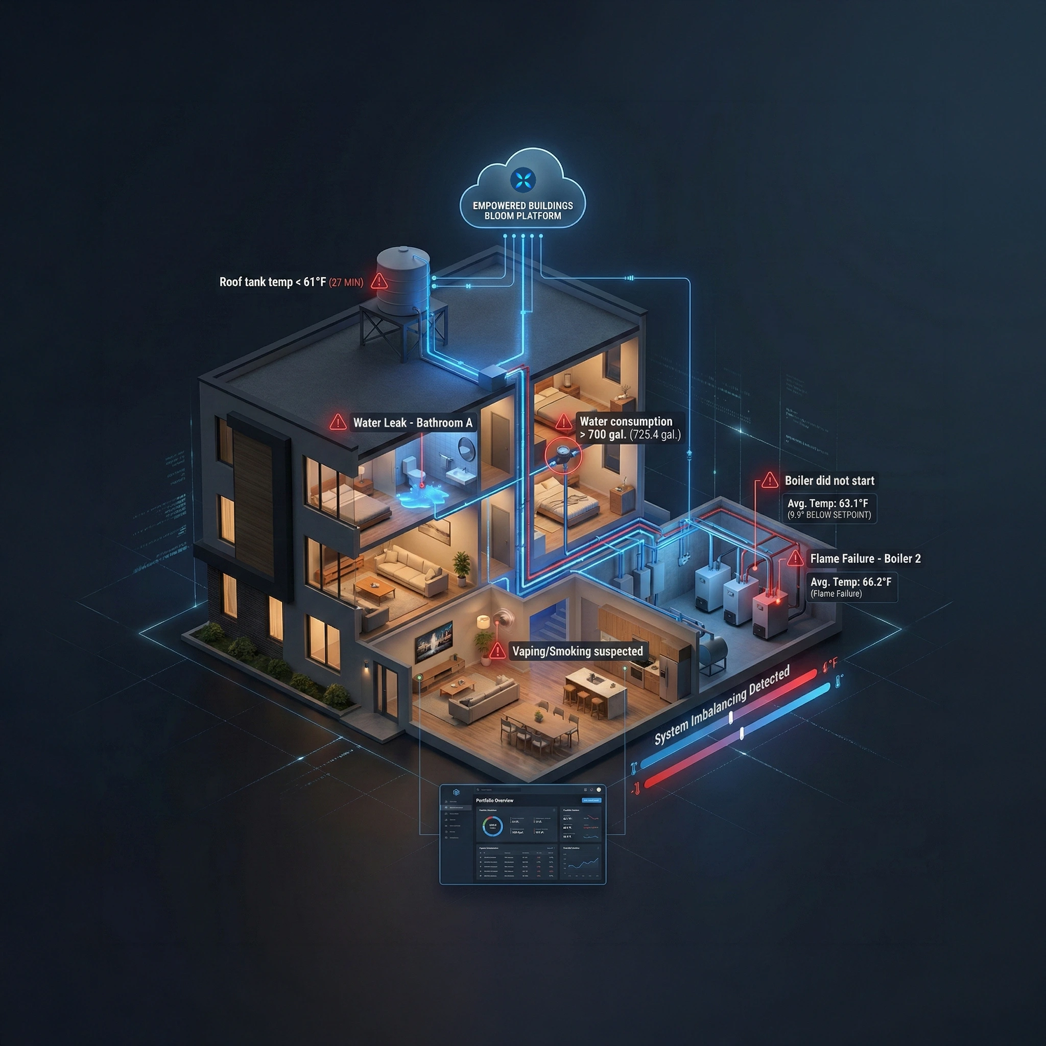 3D cutaway view of a multi-room building showing smart home system alerts like water leak, vaping suspected, boiler issues, and system imbalancing detected with data connected to a cloud platform.