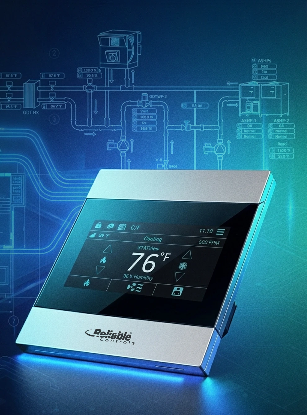 Reliable Controls digital thermostat displaying 76°F temperature and 36% humidity in cooling mode.