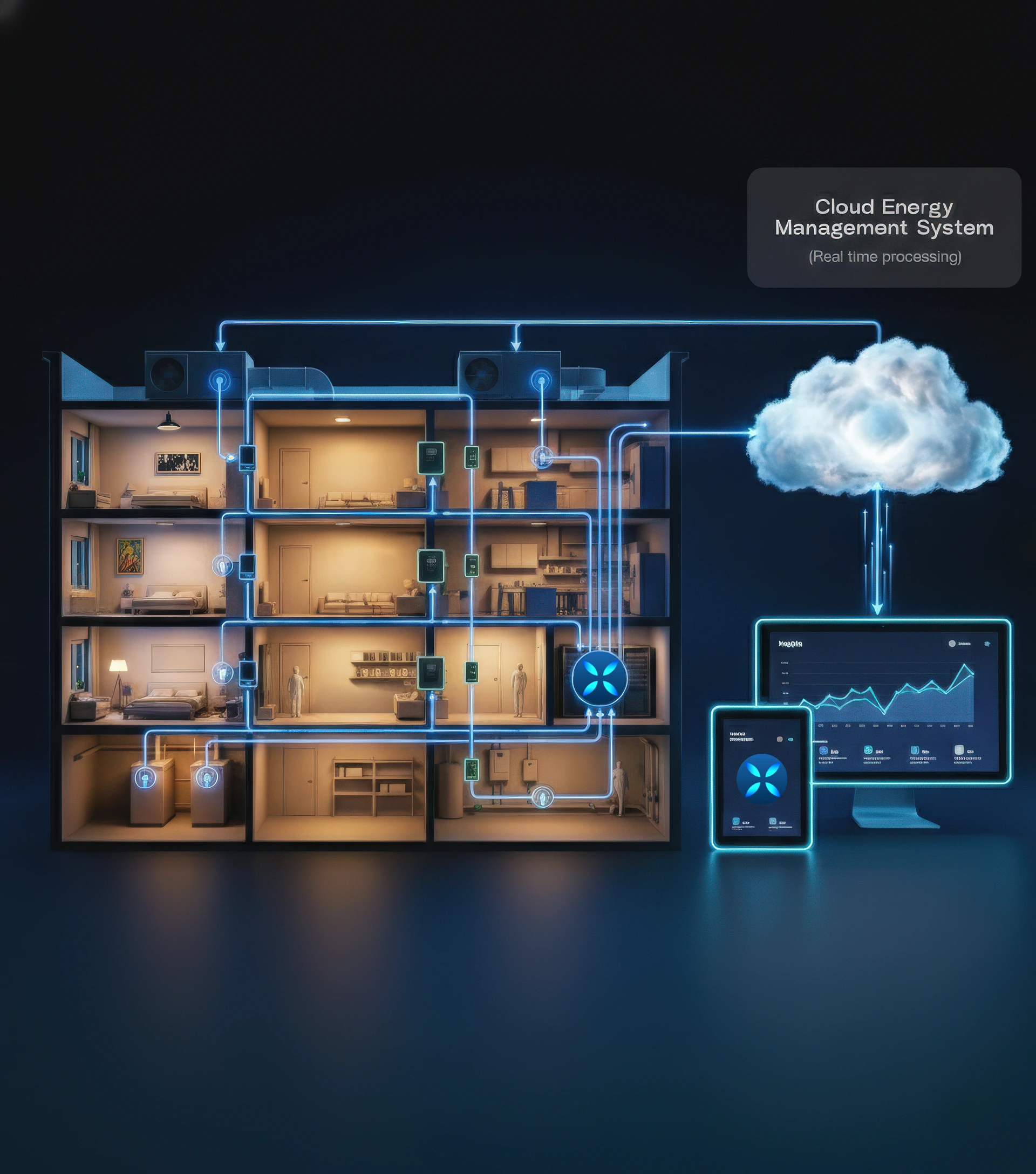 Diagram showing a multi-story building connected through a Cloud Energy Management System with real-time processing, linking HVAC units and sensors to a cloud and monitoring devices with data charts.