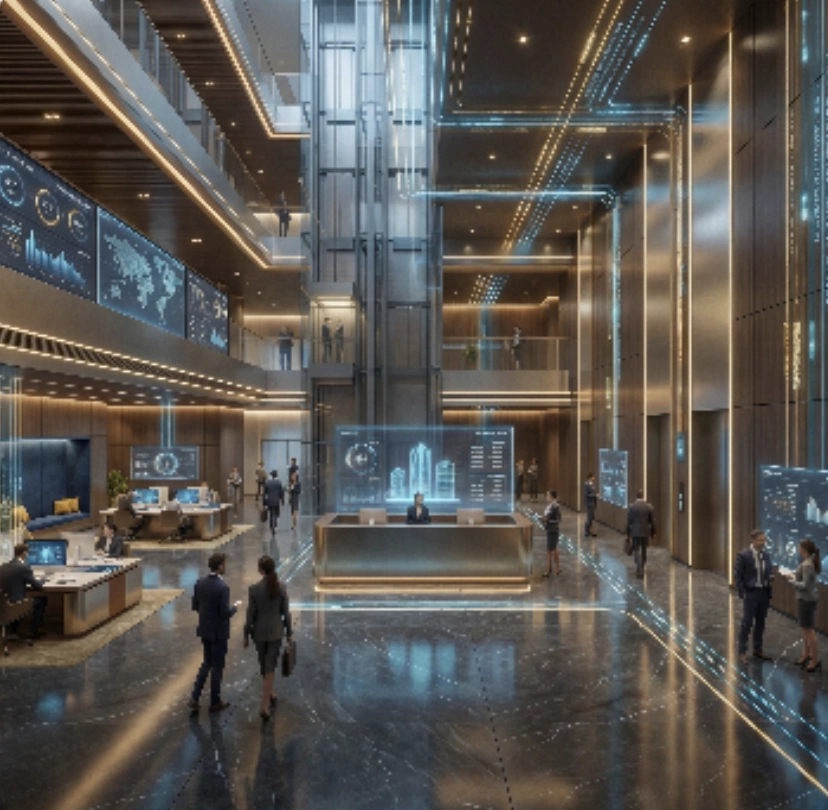 Modern spacious office lobby with high ceilings, digital display screens, glass elevators, and people interacting.