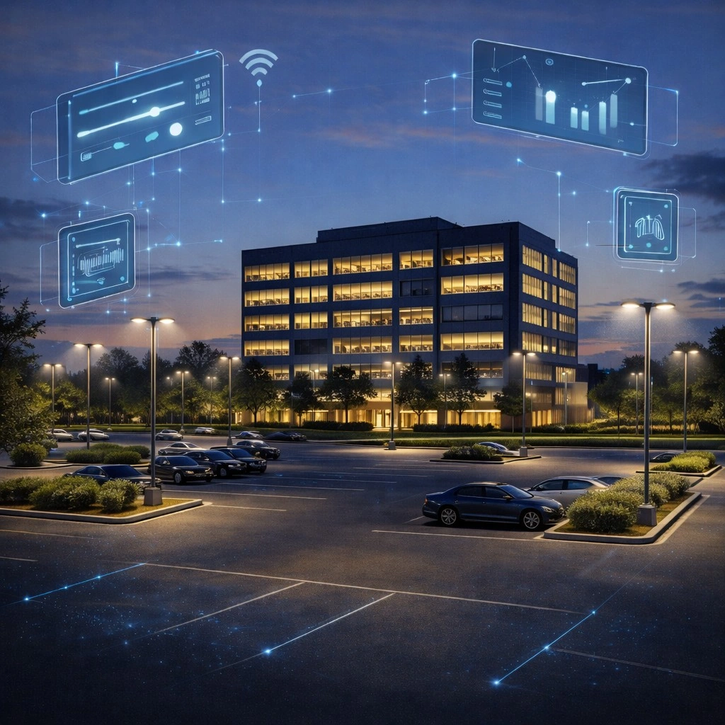 Evening view of a lit office building with connected digital interface graphics representing smart lighting control in the parking lot.