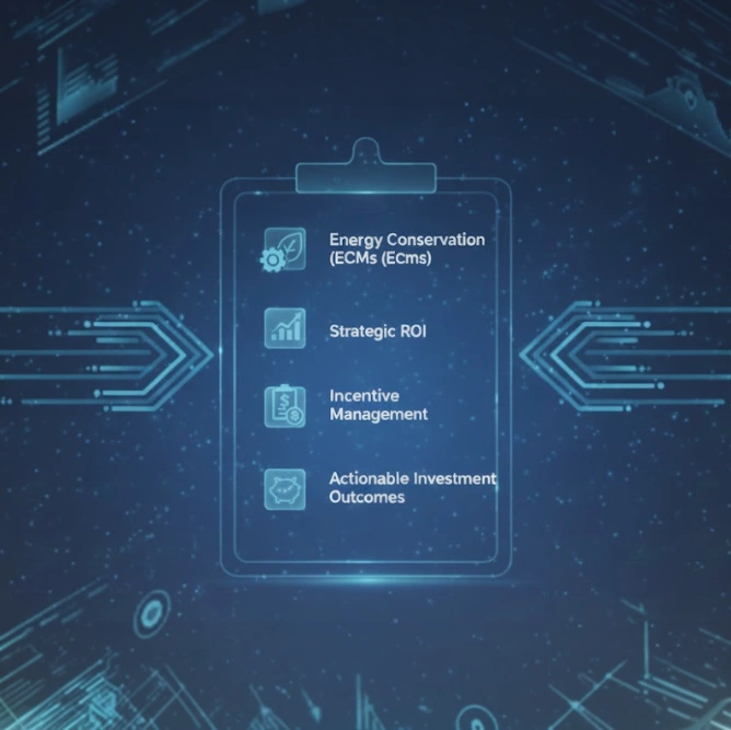 Futuristic digital clipboard interface displaying Energy Conservation, Strategic ROI, Incentive Management, and Actionable Investment Outcomes.