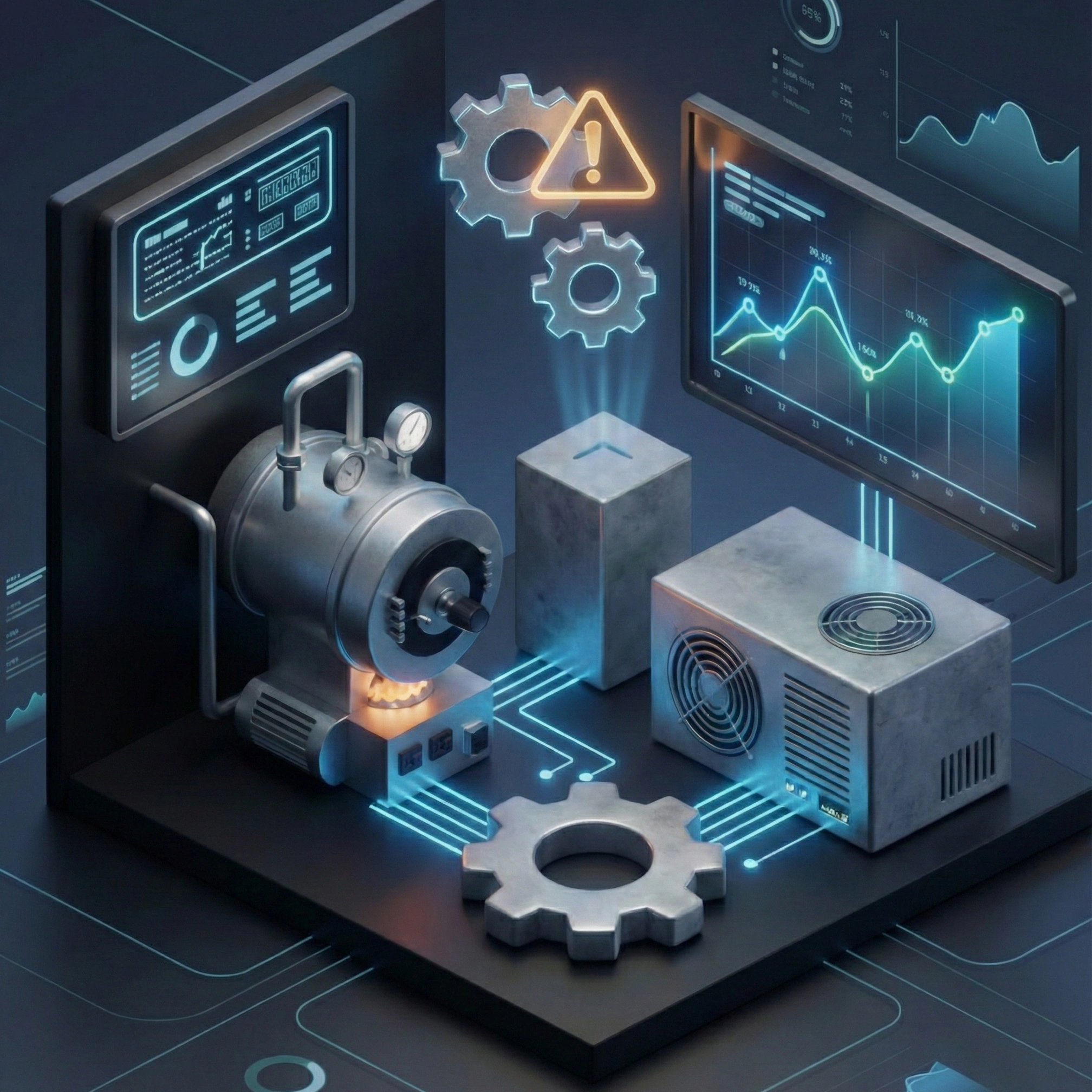 3D illustration of industrial machinery connected with digital data displays, charts, and a warning icon, representing monitoring and system automation.