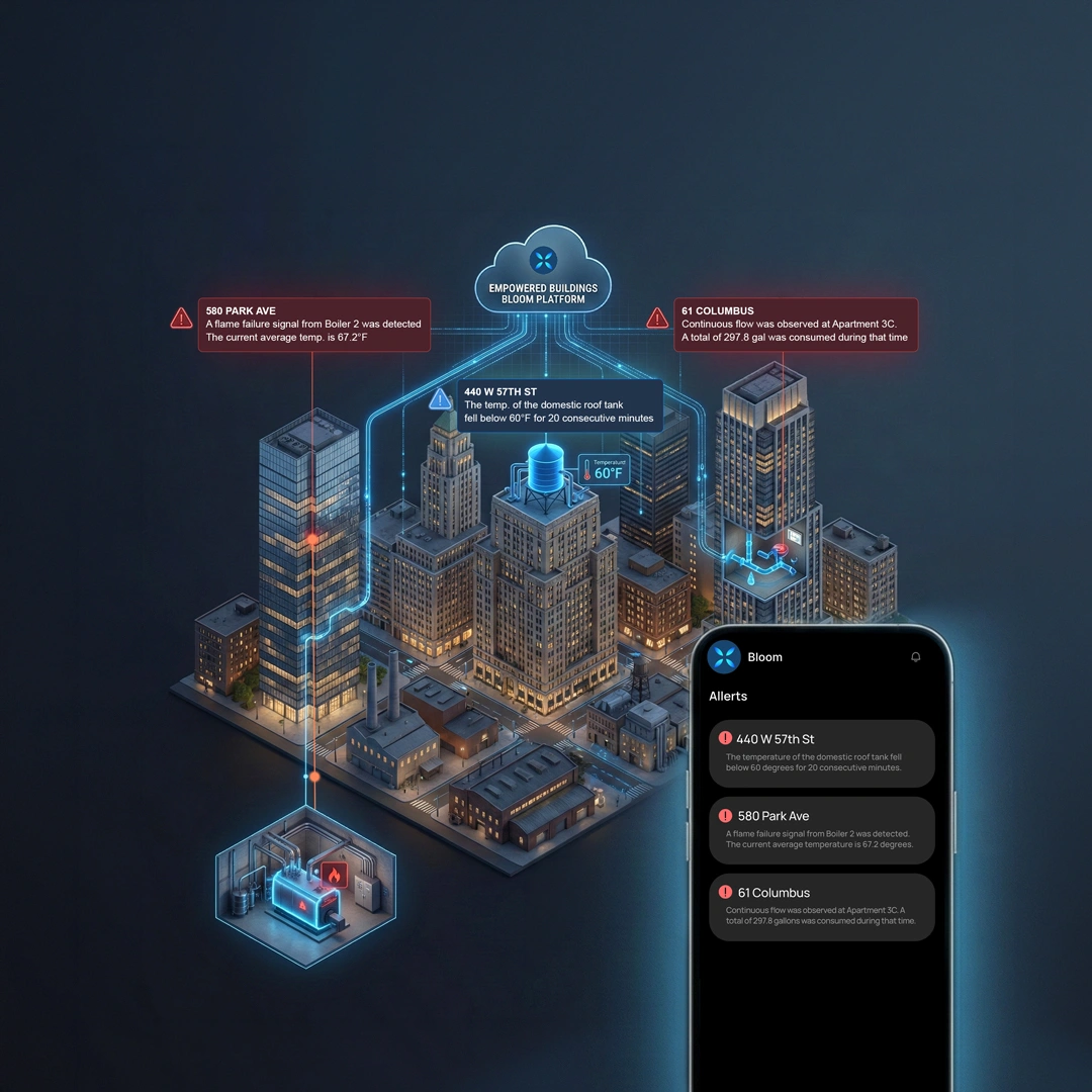 Digital cityscape connected to a cloud labeled Empowered Buildings Bloom Platform, showing alerts for 580 Park Ave flame failure, 440 W 57th St low roof tank temperature, and 61 Columbus continuous water flow, alongside a smartphone screen displaying the same alerts.