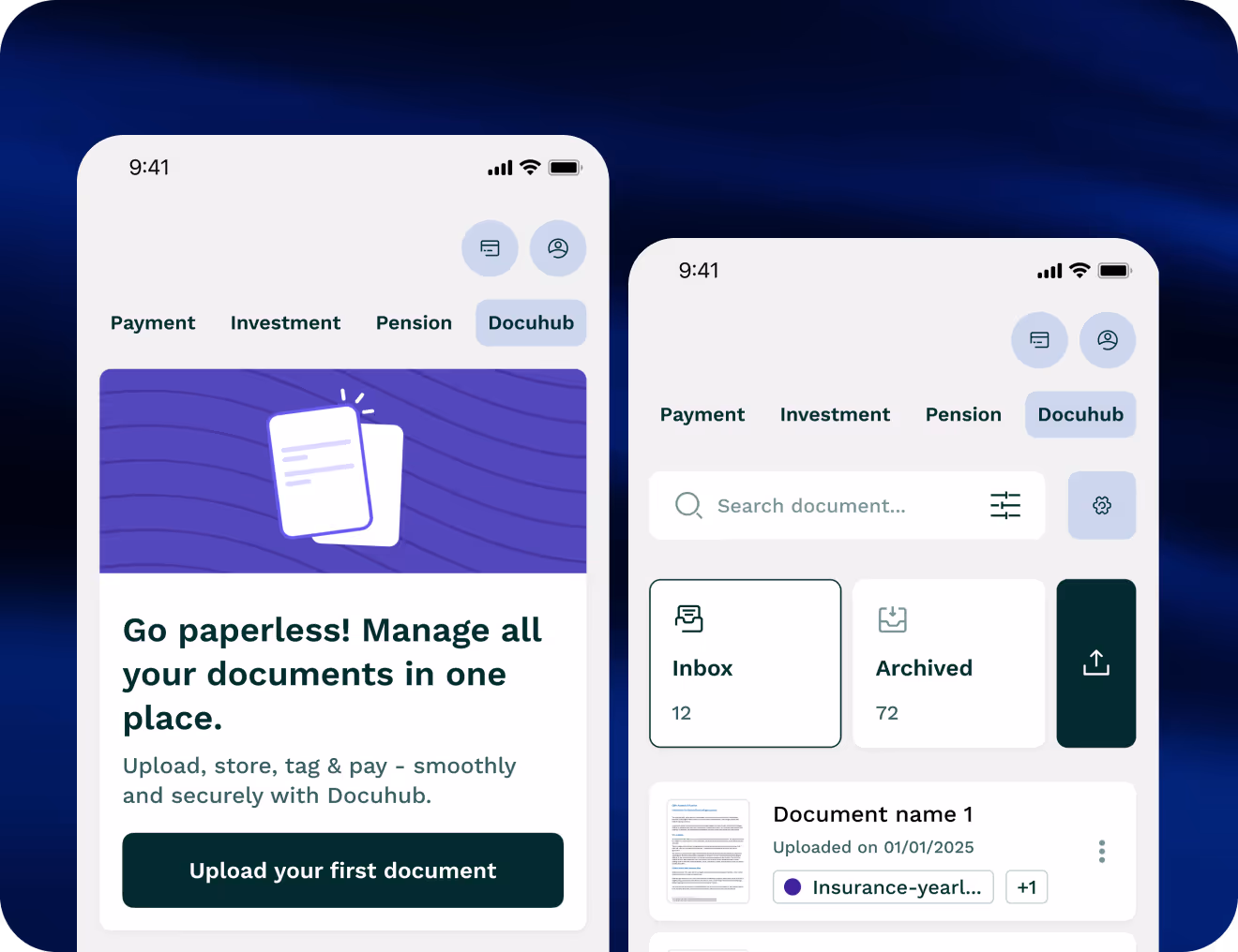 Screenshot of a paperless office app for Android, highlighting tools for digital document organization and collaboration.
