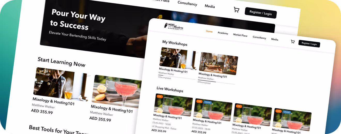 Website homepage for a bar and restaurant featuring menu, events, and contact information.