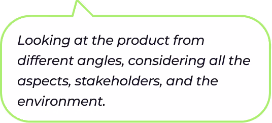 Image showing a product viewed from various angles, highlighting stakeholder considerations, environmental impact, and customer needs.