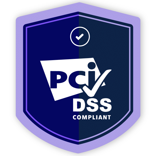 Shield-shaped PCI DSS compliant badge with a checkmark symbol.