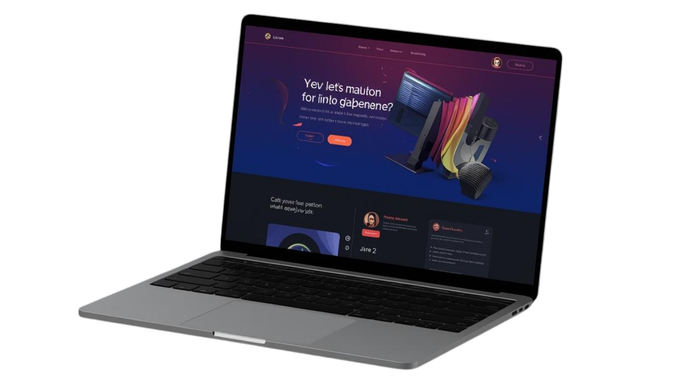 Open laptop displaying a dark-themed webpage featuring colorful graphics, navigation menu, and user profile icons.