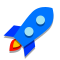 Blue cartoon rocket ship with a window and flames, flying diagonally upward.