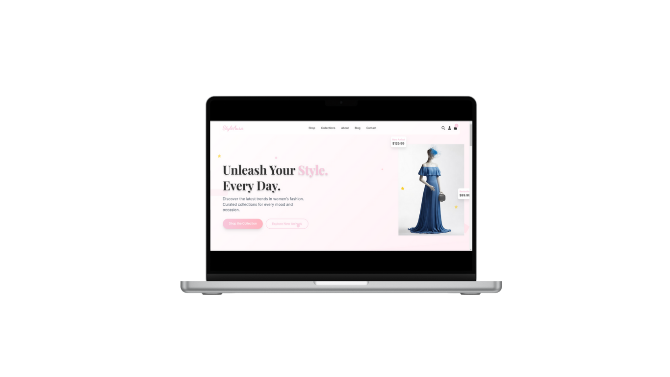 Laptop displaying a fashion e-commerce webpage with a blue dress and text 'Unleash Your Style. Every Day.'