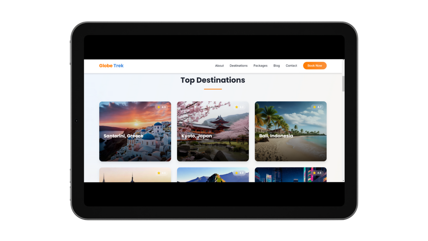 Tablet screen displaying a travel agency website with top destinations including Santorini, Greece, Kyoto, Japan, and Bali, Indonesia, each with rating stars.