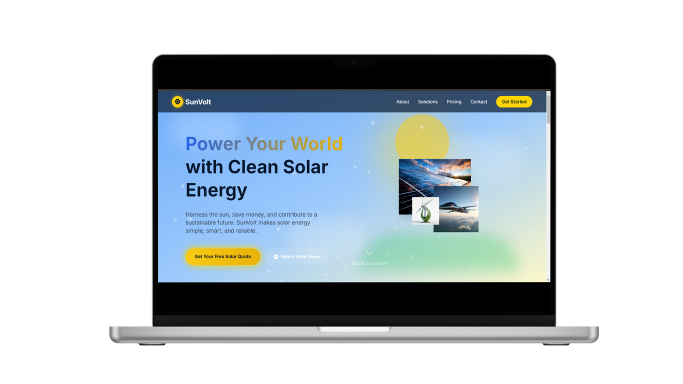 Laptop displaying a solar energy website with the headline 'Power Your World with Clean Solar Energy' and solar-themed images and call-to-action buttons.