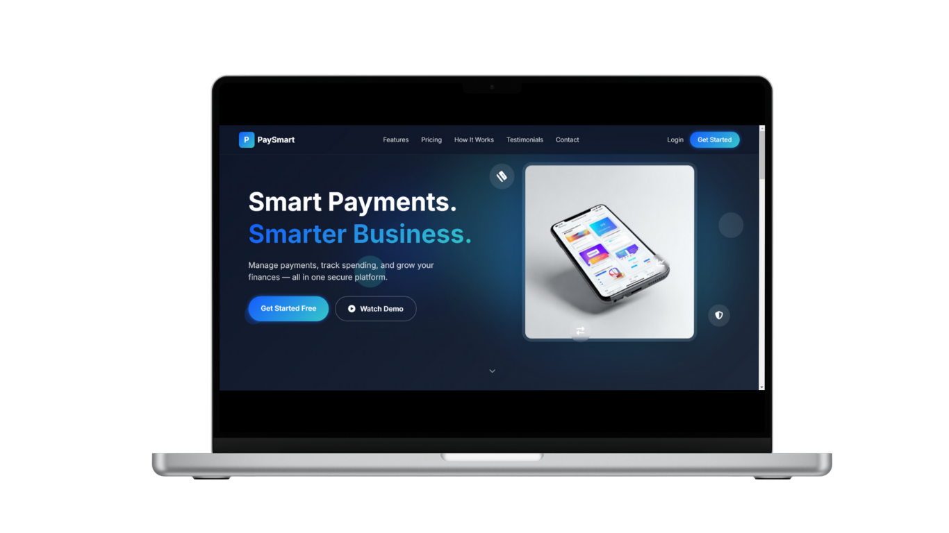 Laptop displaying PaySmart fintech website homepage with headline Smart Payments, Smarter Business and call-to-action buttons.