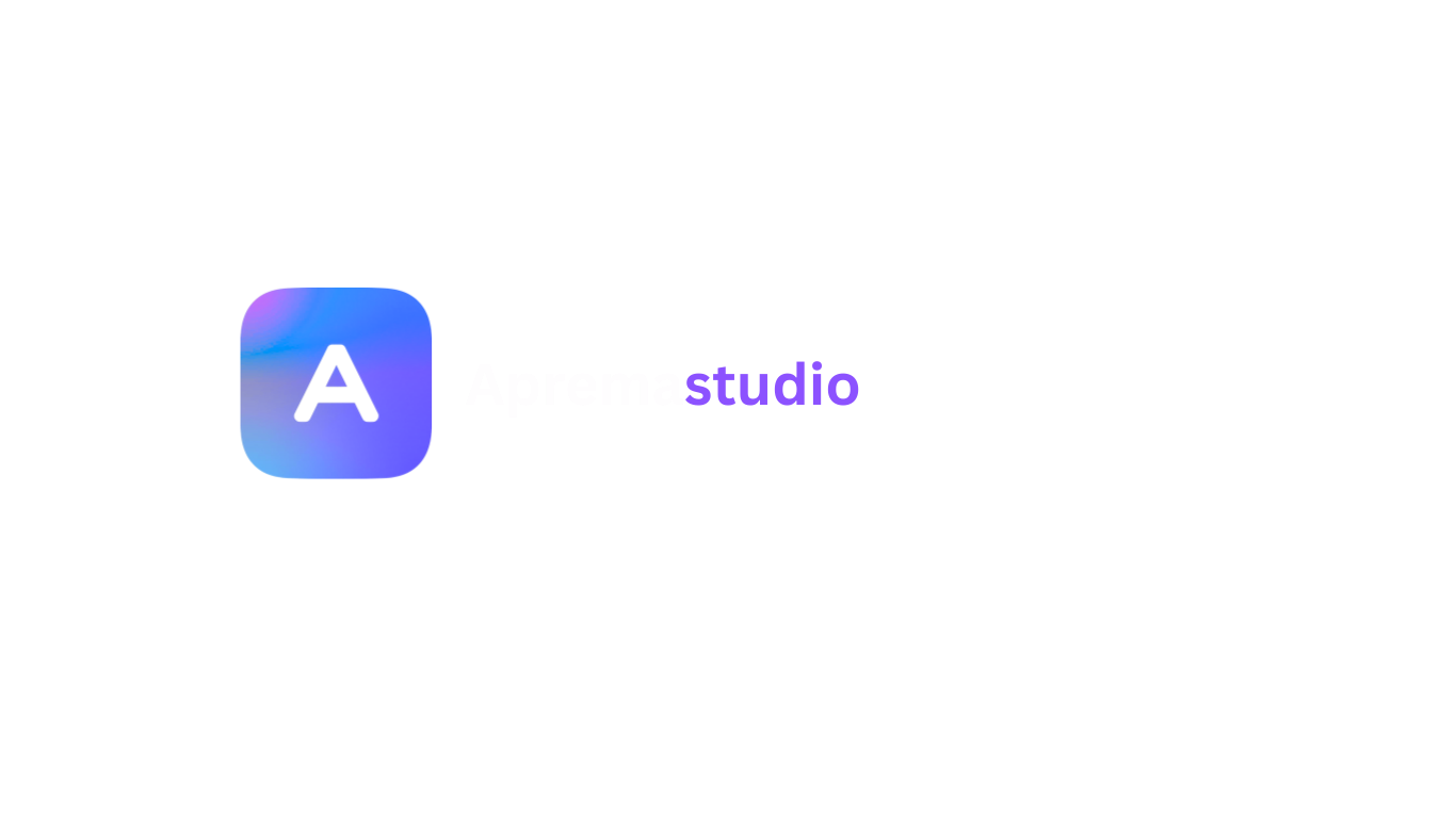 Logo with a blue and purple gradient square containing a black letter A, next to the text 'Aprema studio' with 'studio' in purple.