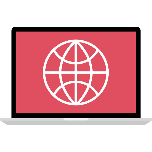 Laptop displaying a white globe icon on a red screen representing internet or global connectivity.