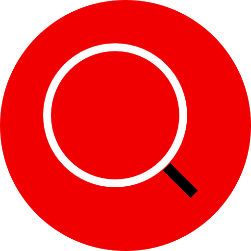 White magnifying glass icon with black handle on a red circular background.