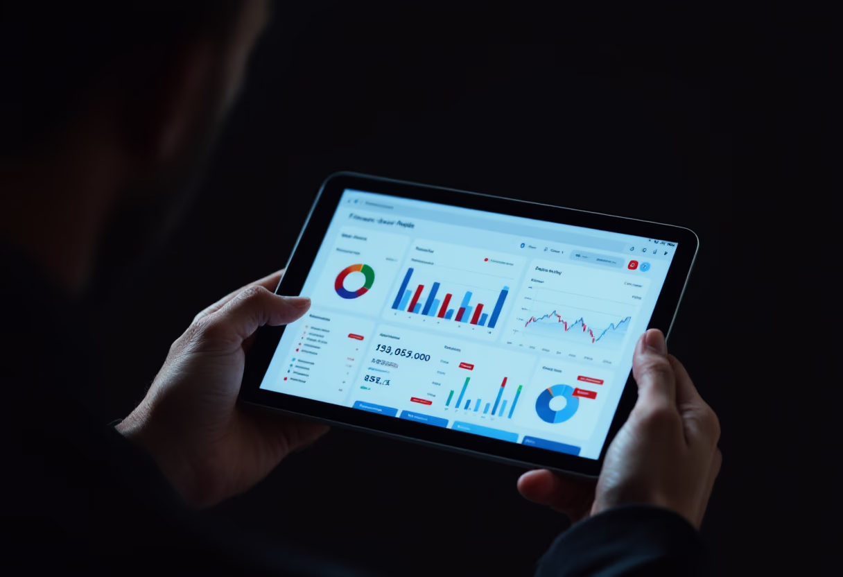 [interface] person checking financial reports on tablet for a fintech company