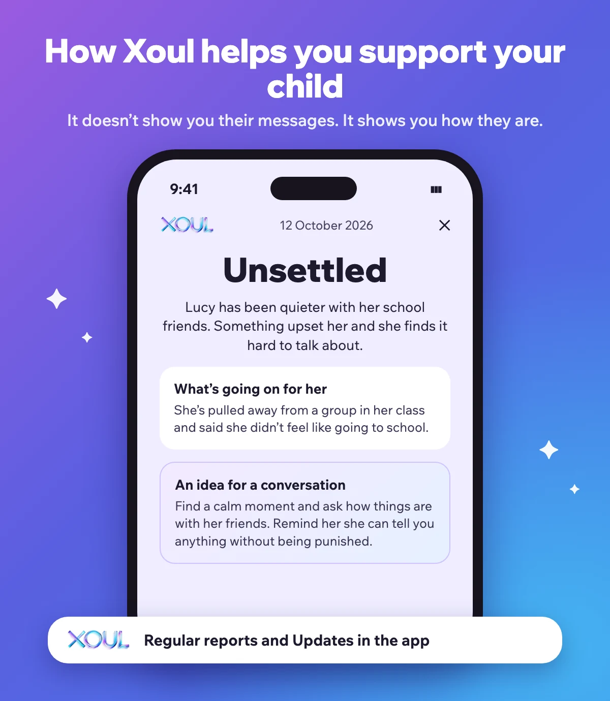 Example of a Xoul report on a phone: it shows how the daughter is doing and an idea for a conversation, without showing her messages.