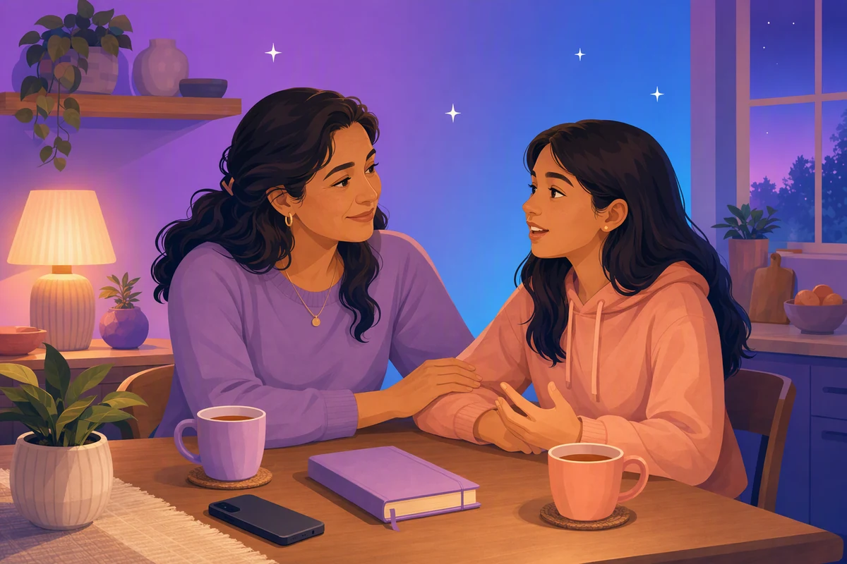 Ilustración de una madre y su hija adolescente conversando tranquilas en la mesa de la cocina.