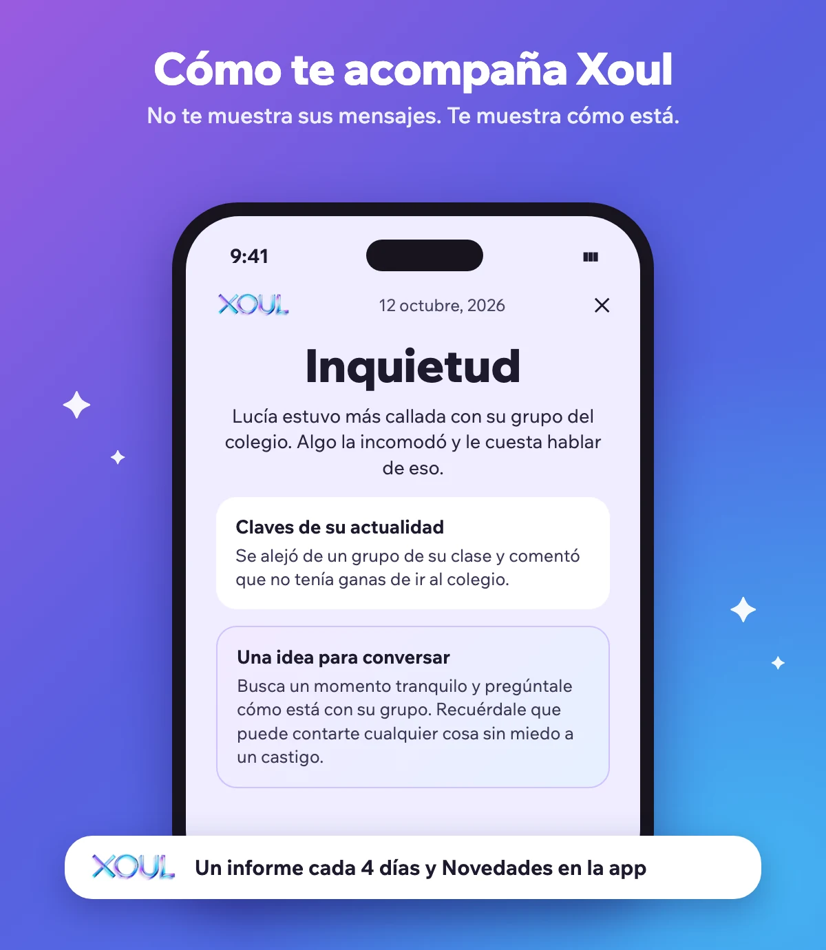 Ejemplo de un informe de Xoul en el teléfono: muestra cómo está la hija y una idea para conversar, sin mostrar sus mensajes.