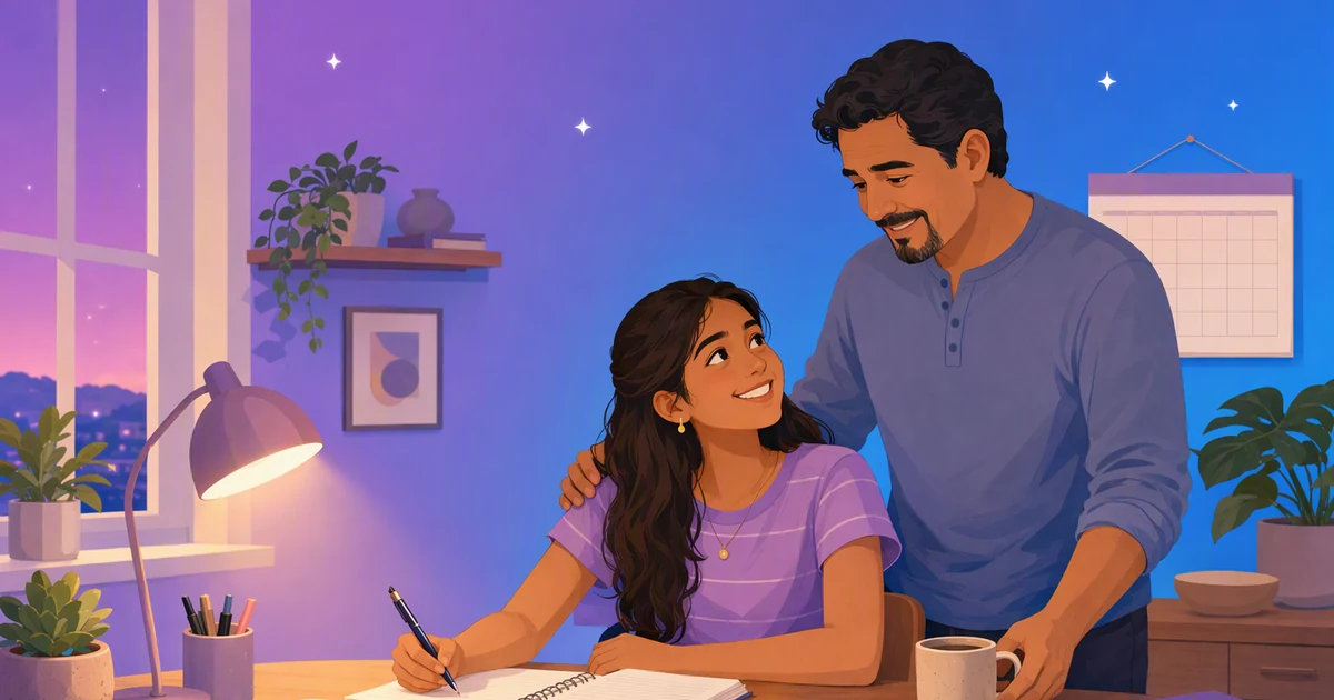 Illustration of a teenage girl studying at the kitchen table, smiling up at her father as he brings her tea and fruit and rests a hand on her shoulder.