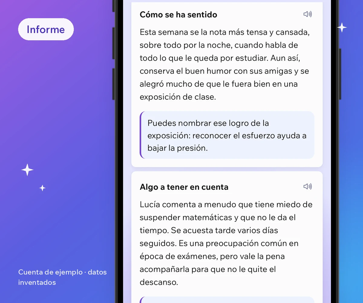 Captura de un informe de Xoul con datos inventados: cómo está su ánimo, algo a tener en cuenta sobre la presión de los exámenes y una idea para conversar.