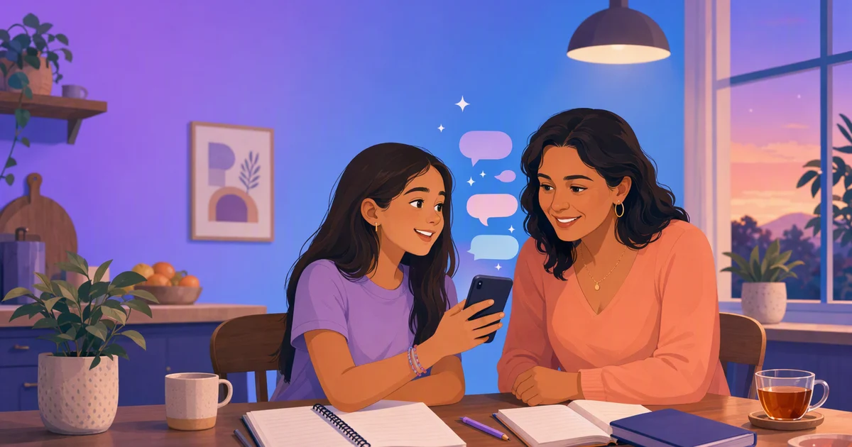 Ilustración de una madre y su hija adolescente en la mesa de la cocina: la chica le muestra en el teléfono cómo usa un asistente de IA para la tarea y la madre mira con interés.