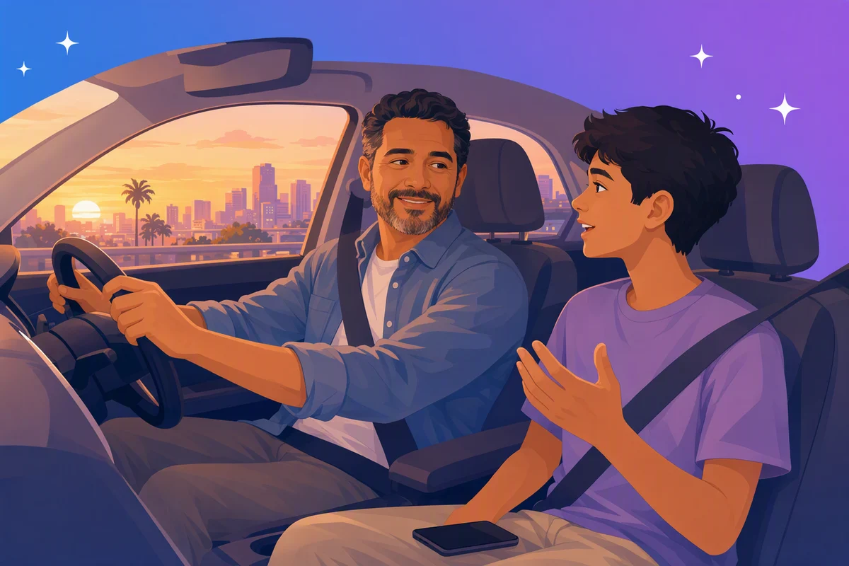 Ilustración de un padre que maneja al atardecer mientras conversa tranquilo con su hijo adolescente.