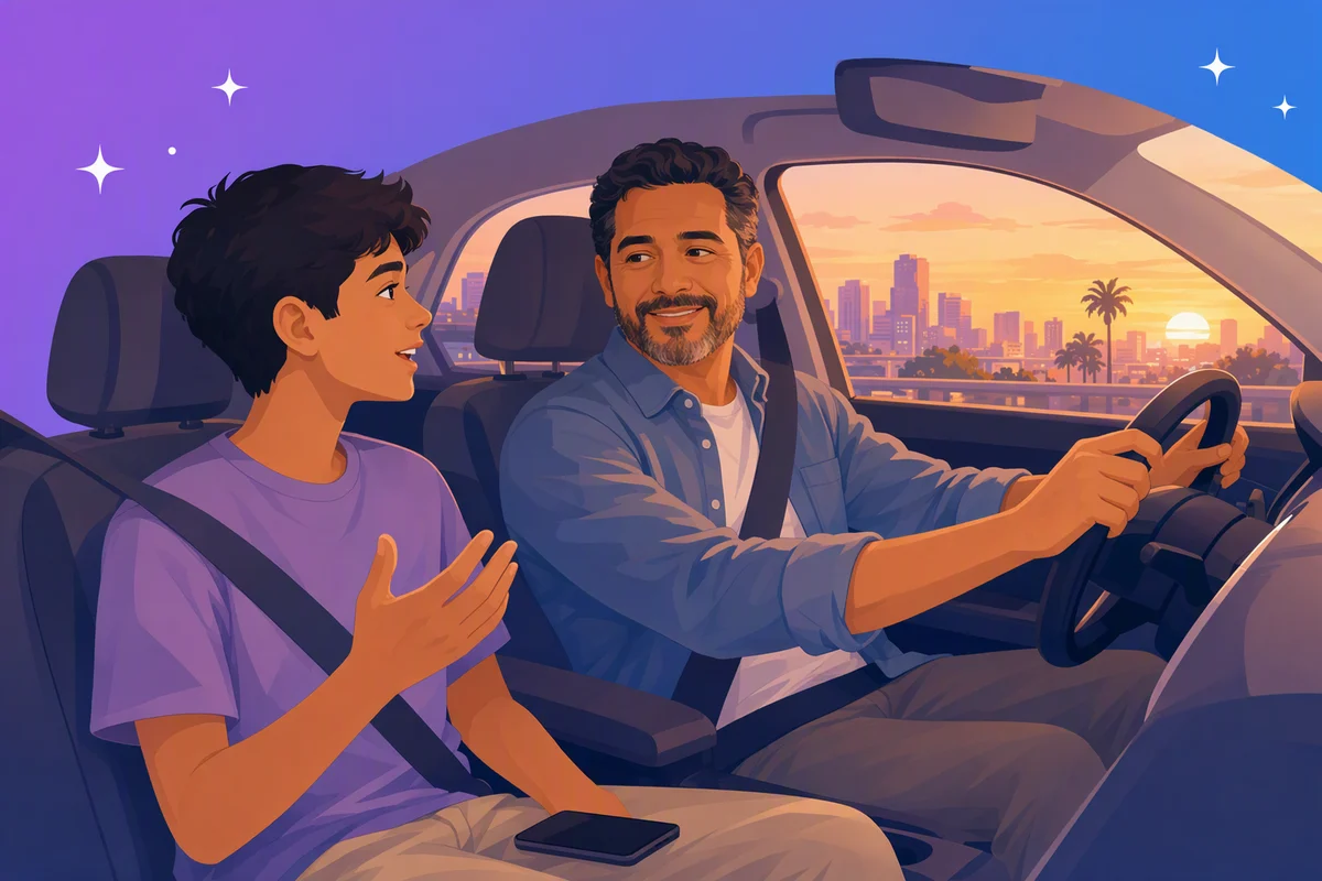 Illustration of a father driving at sunset while having a relaxed chat with his teenage son.