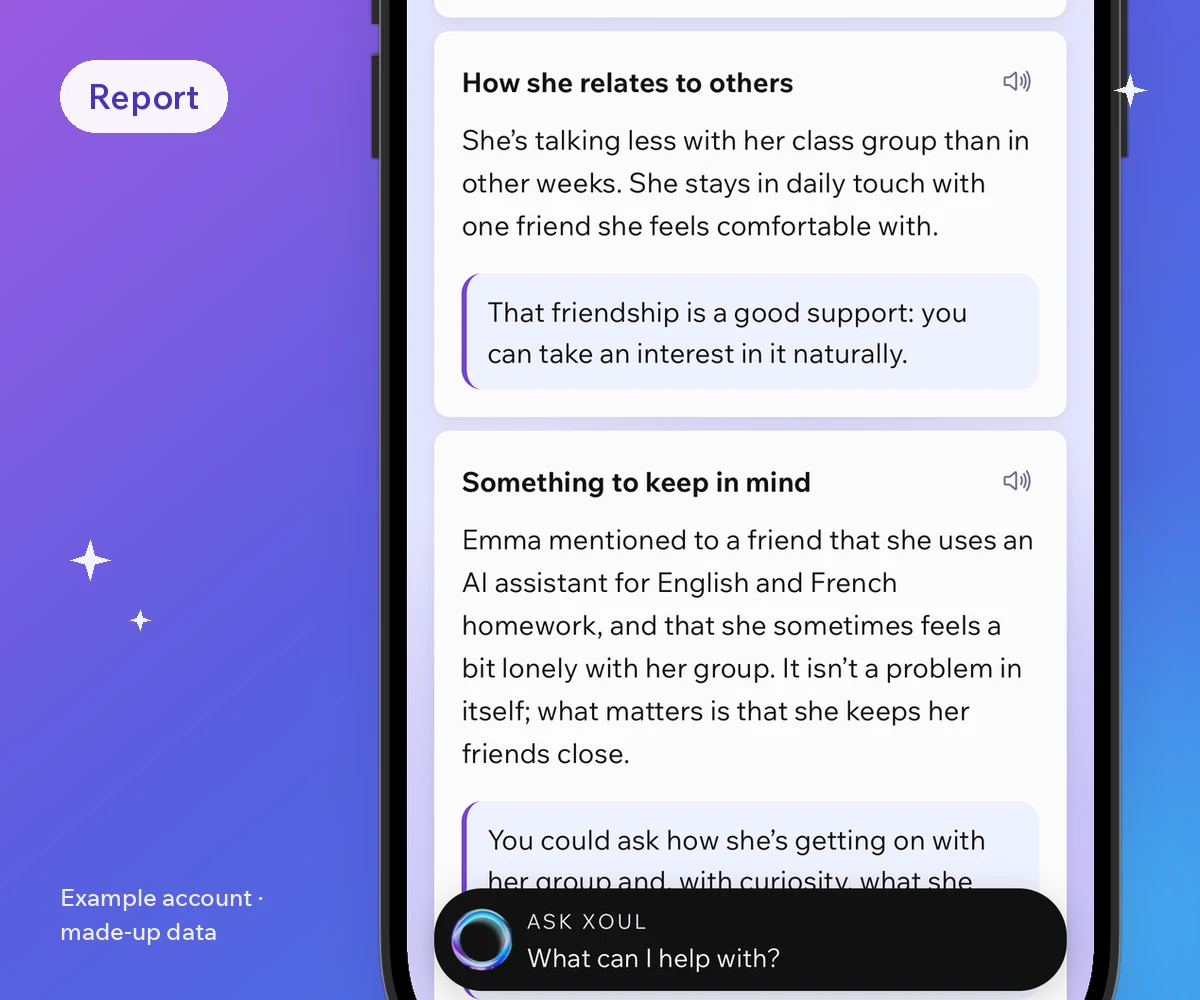 Screenshot of a Xoul report with made-up data: how she relates to others, something to keep in mind about her AI use and an idea for a conversation.
