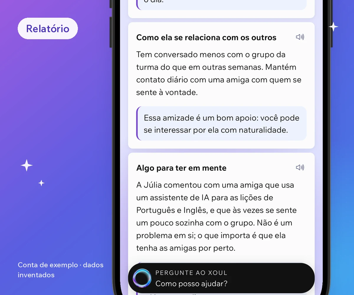 Tela de um relatório do Xoul com dados inventados: como ela se relaciona com os outros, algo para ter em mente sobre o uso de IA e uma ideia para conversar.