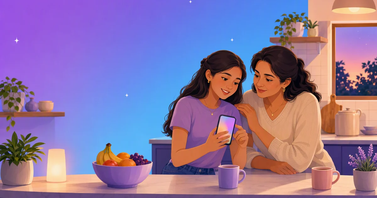 Illustration of a mother and her teenage daughter in the kitchen, looking at the girl's phone together and chatting calmly.