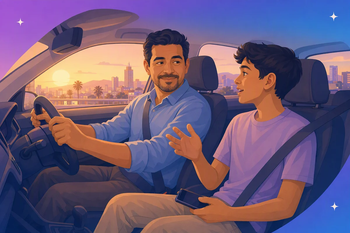 Ilustração de um pai dirigindo ao entardecer enquanto conversa tranquilo com o filho adolescente.