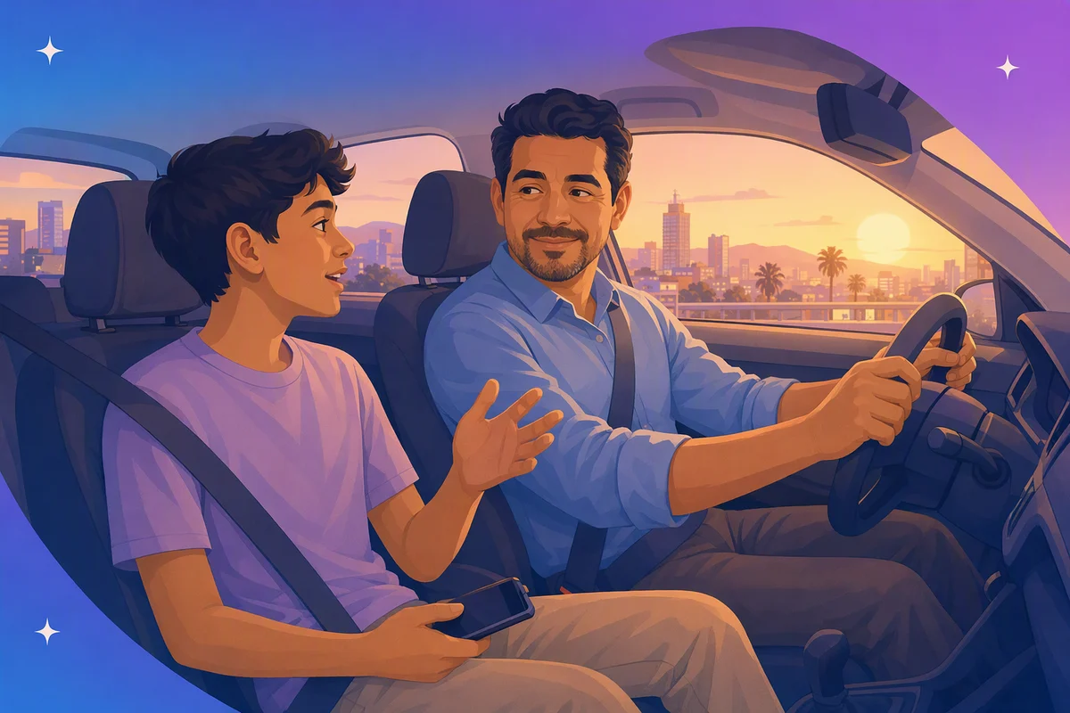 Illustration of a father driving at sunset while having a relaxed chat with his teenage son.