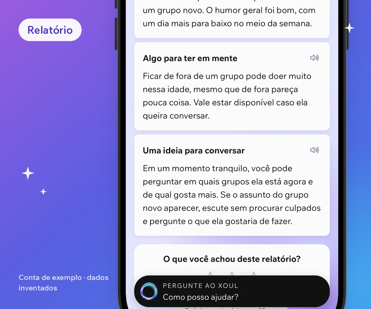 Tela de um relatório do Xoul com dados inventados: amizades e humor, algo para ter em mente e uma ideia para conversar.