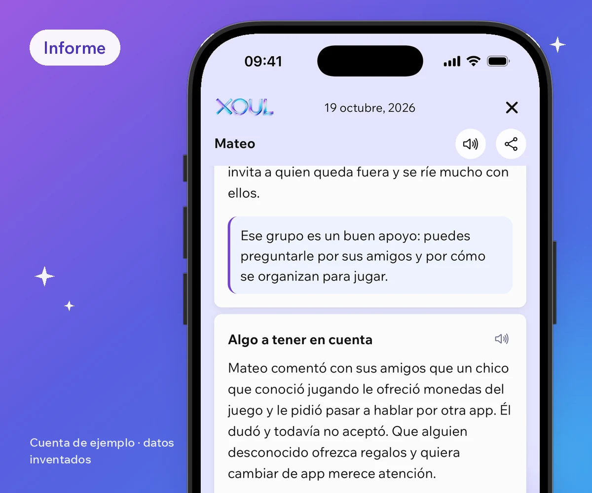 Captura de un informe de Xoul con datos inventados: sus amistades y el juego en equipo, algo a tener en cuenta y una idea para conversar.