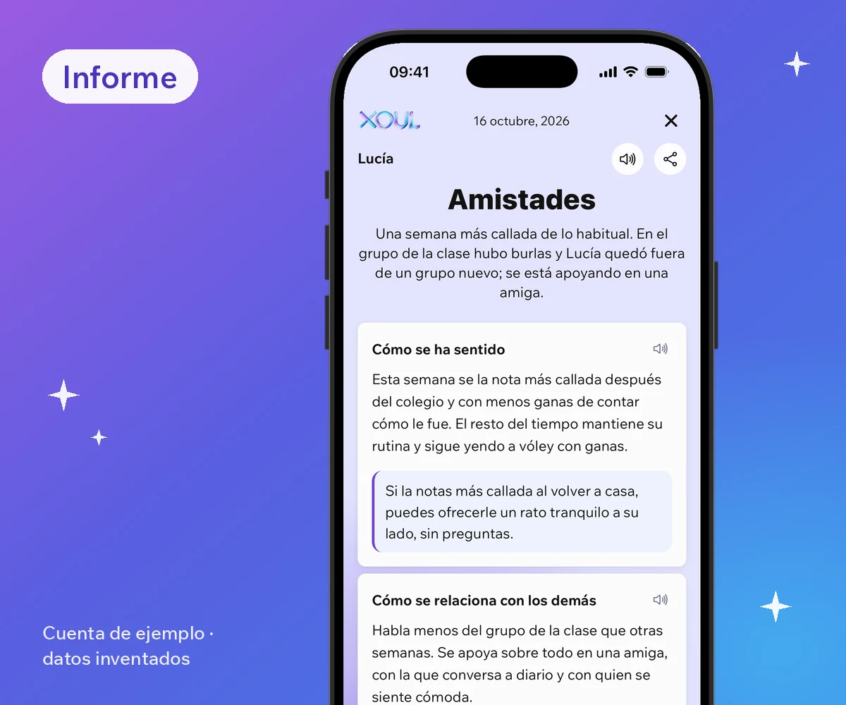 Captura de un informe de Xoul con datos inventados: un resumen de la semana, cómo se ha sentido y cómo se relaciona con los demás, sin mostrar ningún mensaje.