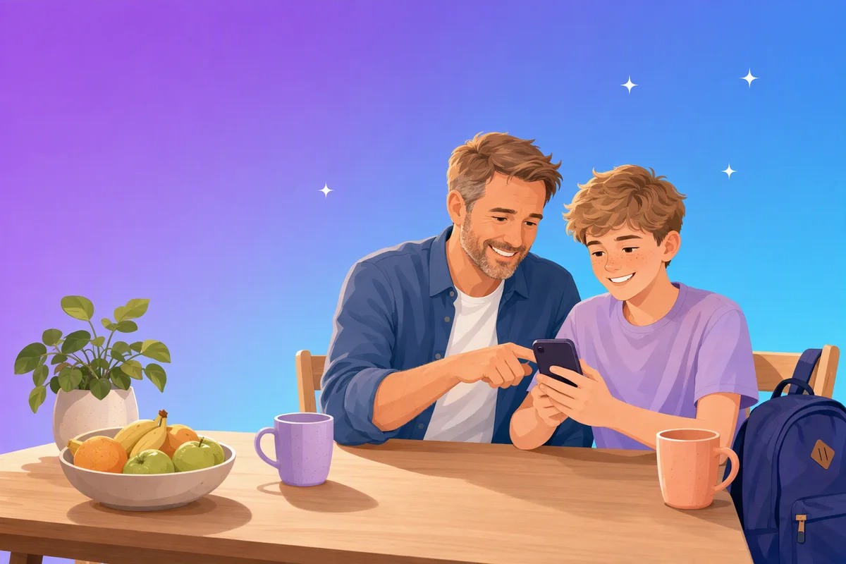 Illustration of a father and his teenage son at the kitchen table, smiling as they set up WhatsApp on the boy’s phone together.