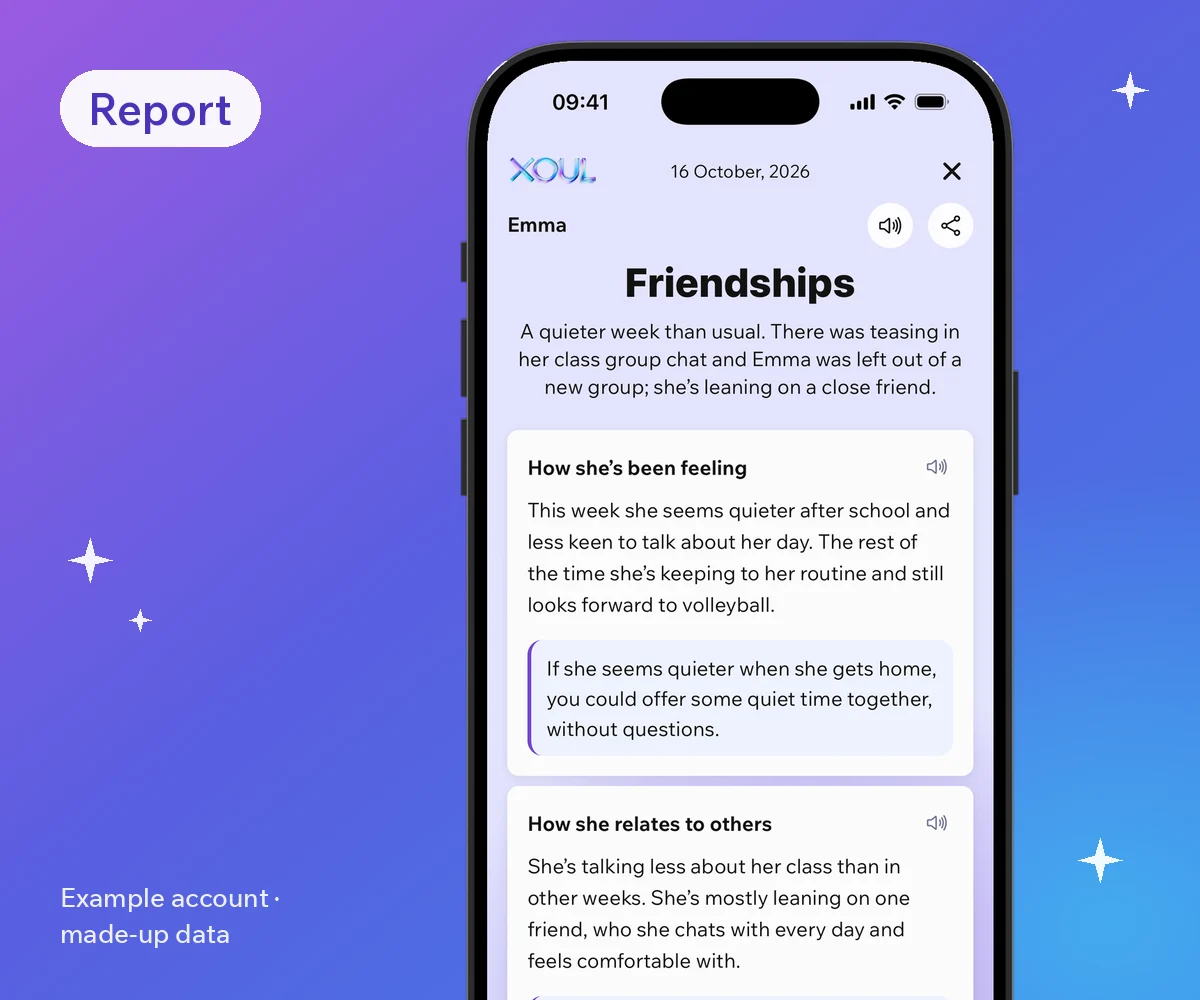 Screenshot of a Xoul report with made-up data: a summary of the week, how she’s been feeling and how she relates to others, without showing any messages.